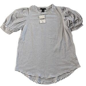 Forever 21 Womens Striped Puff Sleeve Knit Top White Black Crew Neck Medium NWT